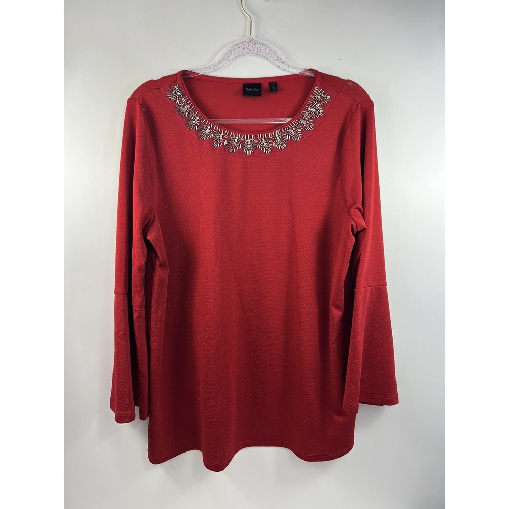 Rafaella Blouse‎ Women's Sz L Red Long Bottom Flare Sleeve Embellished Neck